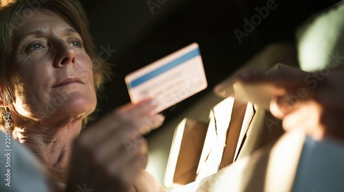 A senior woman uses her smartphone and bank card to shop online in a modern living room. Unbranded parcels beside her show the ease and convenience of ecommerce.