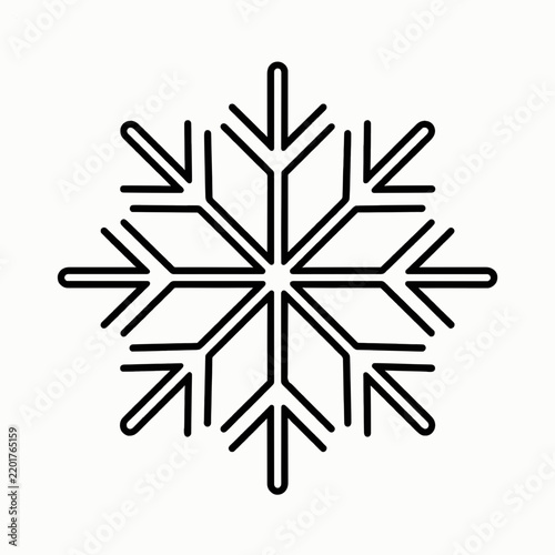 Single vector icon of a snowflake, geometric outline style, centered composition, isolated on white background, clean black stroke, SVG vector icon, minimal designa