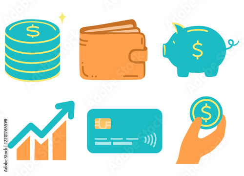 A colorful collection of finance symbols featuring coins, wallet, piggy bank, payment card, savings and a growing financial chart.