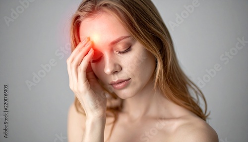 Exhausted woman with eyes closed massaging her temples with a bright red glowing spot showing intense head pain.