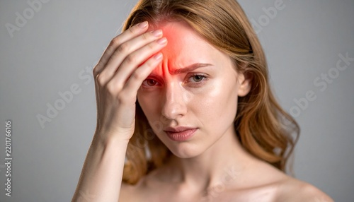 Frustrated young woman touching her forehead against a grey background with a glowing red highlight indicating a migraine.