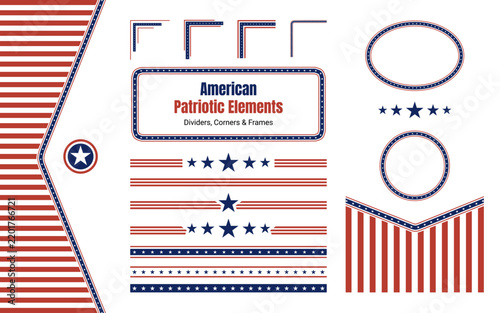American Patriotic Design Elements Set, Red and Blue Dividers, Frames for Banner Graphic for Veterans Day or Memorial in the USA, Minimalist Star for USA National Independence Day, Isolated Symbols