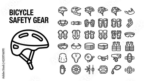 Bicycle Safety Gear Collection: An illustration showcases a variety of essential safety equipment for cycling, including helmets, pads, gloves, and protective eyewear.