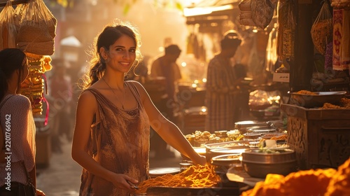 A woman smiles while selling fresh goods in a vibrant market, illuminated by warm golden light, showcasing a lively atmosphere.
