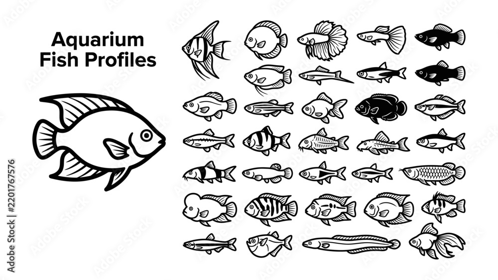 Fototapeta premium Aquarium Fish Collection: A graphic illustration showcasing a variety of distinct aquarium fish species, presented as individual profiles for identification and study.