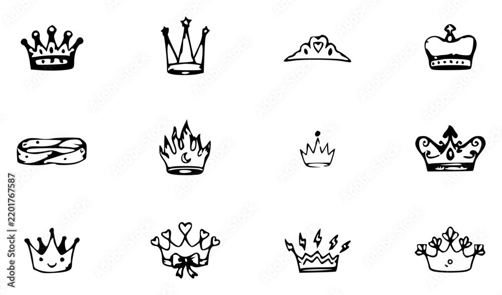 Fototapeta premium Collection of diverse hand drawn crown doodles arranged in lOOU1N3MUyC vKg set with simple line art design featuring sketches, drawings, vector graphics with minimalist and simple illustrations