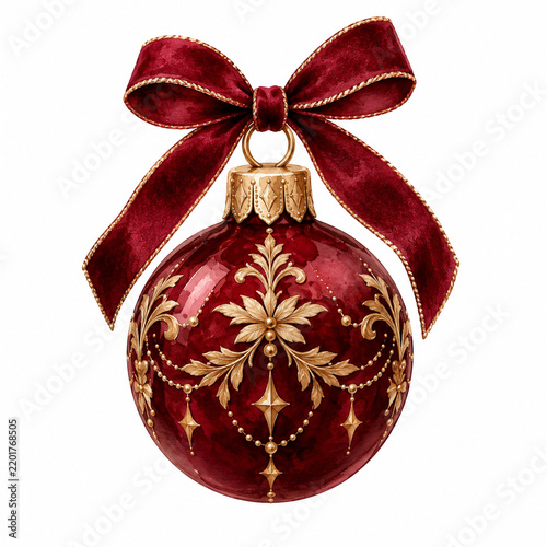 Elegant burgundy Christmas bauble with a luxurious velvet bow and ornate gold floral details, isolated on white, perfect for festive cards, holiday branding and seasonal designs.