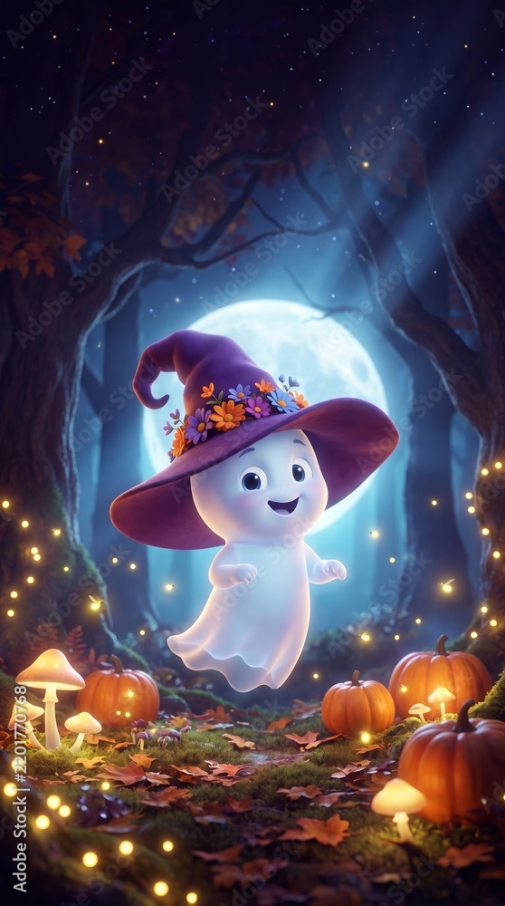 Obraz premium A cute baby ghost wearing a witch hat floats in a glowing forest surrounded by pumpkins and mushrooms. Concept Halloween, fantasy, children's art, and festive design. Generative AI.