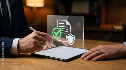 Professional reviewing secure digital document approval on tablet with verification icon.