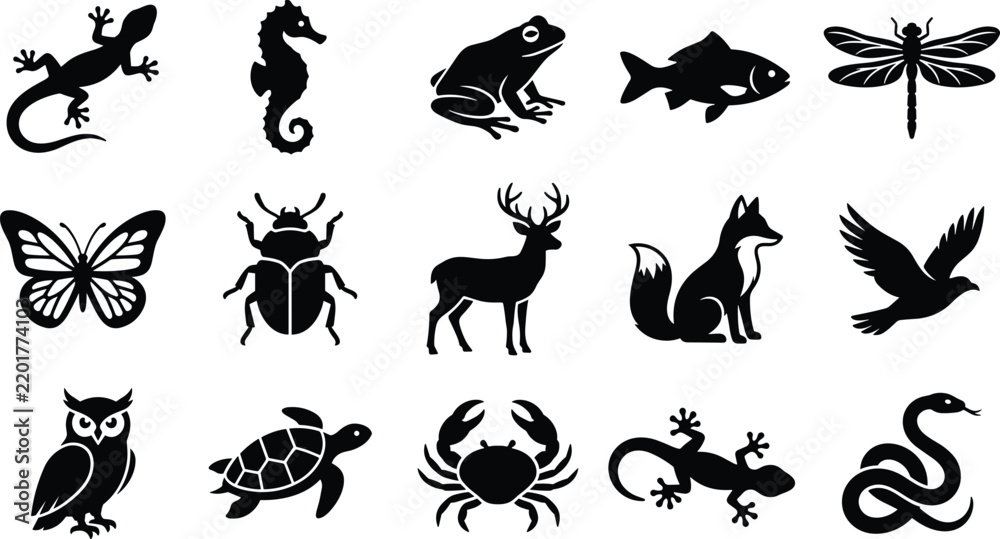 Obraz premium collection of black wild animal silhouettes including deer fox owl lizard and turtle vector illustration 