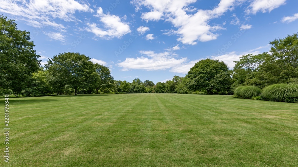 Obraz premium Wide open mowed lawn stretching to a distant tree line under a blue sky with scattered clouds