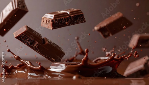 Chocolate chunks falling into chocolate sauce creating a splash.