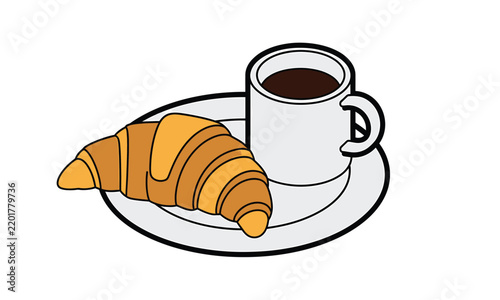 Minimalist vector illustration of fresh croissant and hot coffee