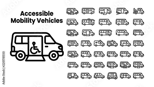 Accessible Mobility Vehicles: A collection of line art illustrations depicts various accessible vans and minibuses designed for individuals with mobility challenges.