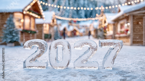 2027 made of transparent ice blocks on a festive Christmas market street with wooden stalls, warm lights, snow-covered rooftops and golden decorations.