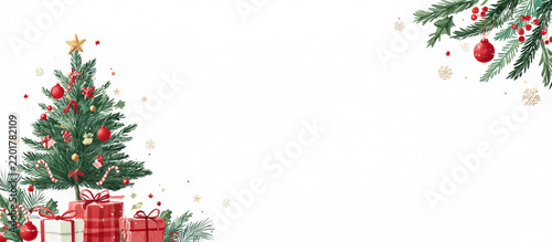 Christmas banner with a decorated tree and gifts on the left, festive fir branches on the right, and clean white copy space in the center.