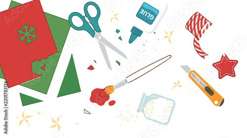 Craft Supplies Flat Lay with Scissors, Glue, and Paper Featuring Crafting
