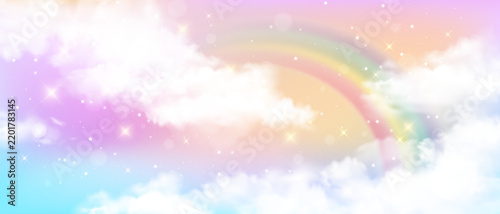 Unicorn, mermaid and kawaii fantasy background with rainbow, pastel pink gradient sky, cloud, star, bokeh, glitter and sparkling light. Magical backdrop or birthday wallpaper with holographic texture.