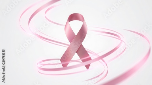 Pink ribbon breast cancer awareness symbol with flowing swirls on white background.