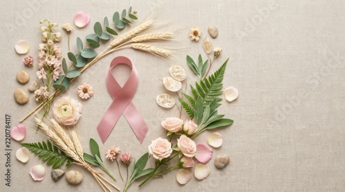 Pink ribbon surrounded by delicate flowers, leaves, and natural elements.