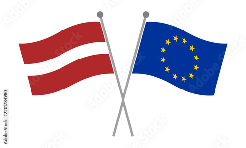 Bild auf Leinwand Crossed national flags of Latvia and European Union on flagpoles representing di