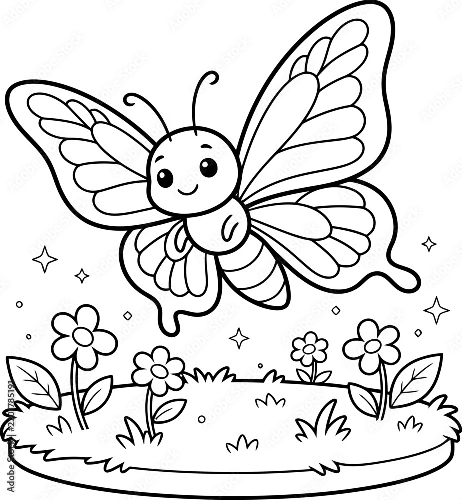 Fototapeta premium Charming hand drawn illustration of a cute butterfly fairy flying over a whimsical garden