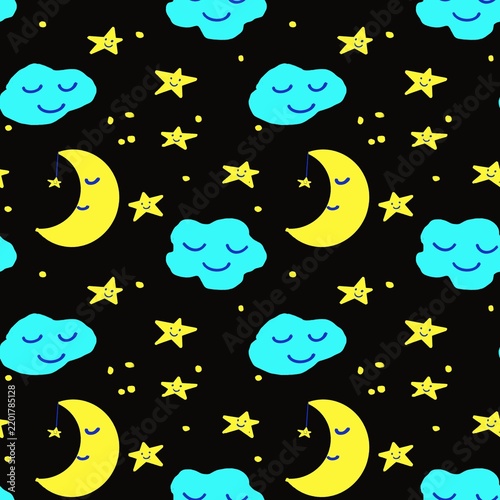 Konstfotografi Cute seamless night pattern with sleeping crescent moon, smiling stars, and clouds on black background