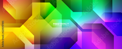 Colorful abstract background overlap layer in bright space with glowing octagon shapes effect decoration. Modern graphic design element cutout style concept for web, art, flyer, card or brochure cover