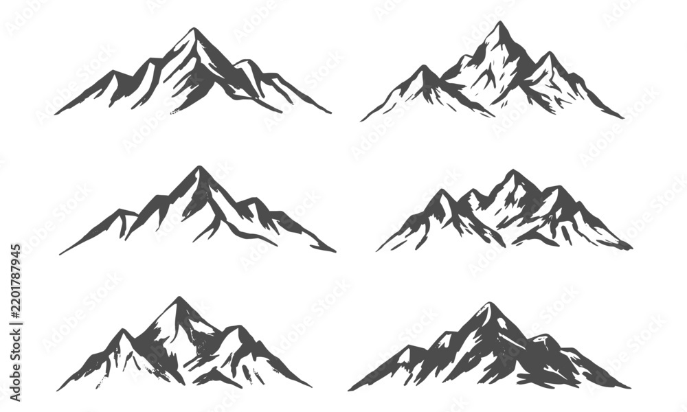 Fototapeta premium Set of hand drawn rough sketch mountain peaks and ranges black silhouette vector illustration