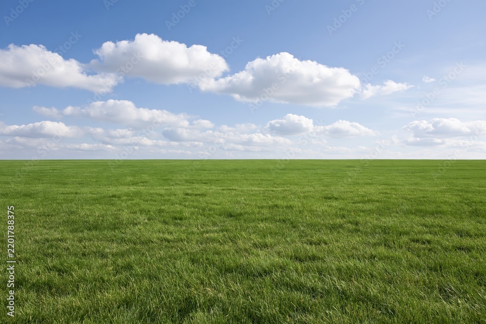 Fototapeta premium The Expansive Grass Field Under A Bright Blue Sky With Clouds