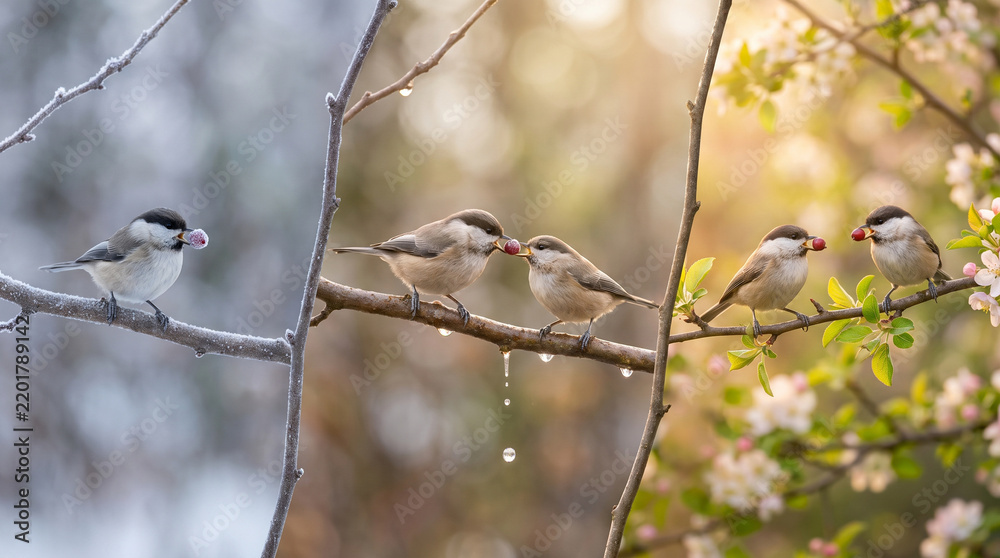 Obraz premium Small birds perched on tree branches in seasonal nature scene with natural light