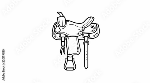 A simple black and white line drawing of a western horse saddle on white background with illustration western style