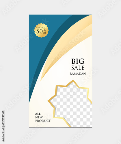 Ramadan big sale banner with a star shaped photo frame on a cream and gold background