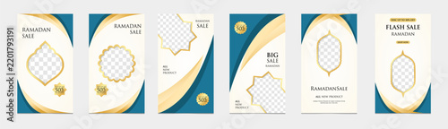 Ramadan sale banner set with six cream and gold templates featuring ornamental photo frames