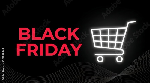 Black Friday shopping sale banner with glowing shopping cart icon on black background