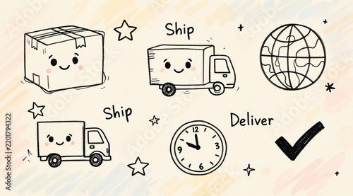Order fulfillment process with workers picking and packing products in a bustling fulfillment center with copy space: A naive hand-drawn illustration of the order fulfillment process, with simple shap