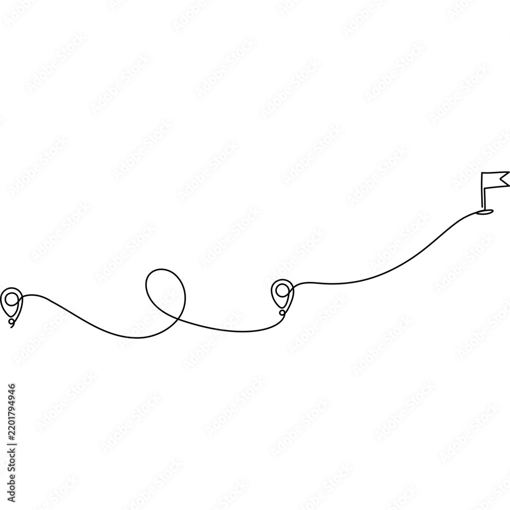 Obraz premium Destination route with line pin mark and flag. Continuous line winding path.