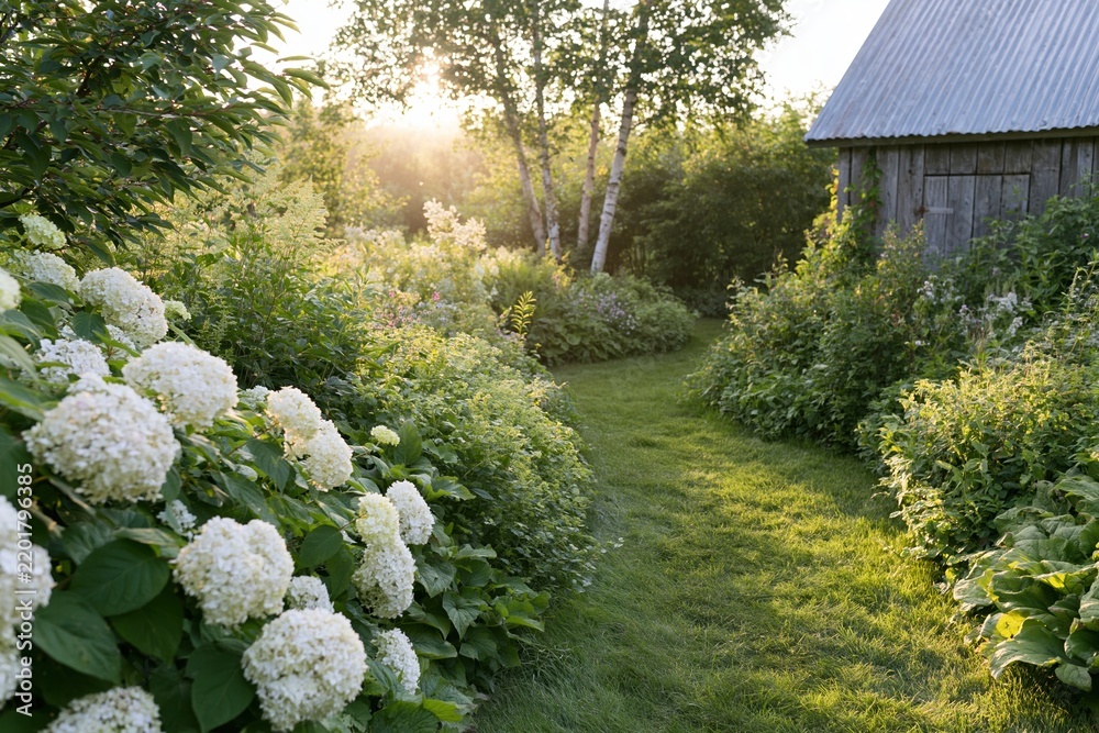 Obraz premium The Hydrangea Garden Path Amid Sunlight by a Rustic Shed