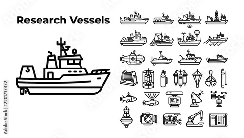Research Vessels Icon Collection: A detailed illustration showcases various research vessel types and scientific equipment used for marine exploration and data collection.