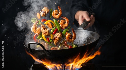 Action shot of stir fry tossed in a hot wok with flying shrimp, chicken, colorful bell peppers, sizzling flames and realistic steam on dark background