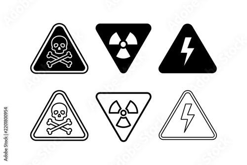 Fotografie Set of danger and hazard warning sign icons with skull, radiation, and electrici