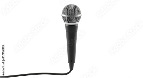Black vocal microphone with cable isolated on transparent background