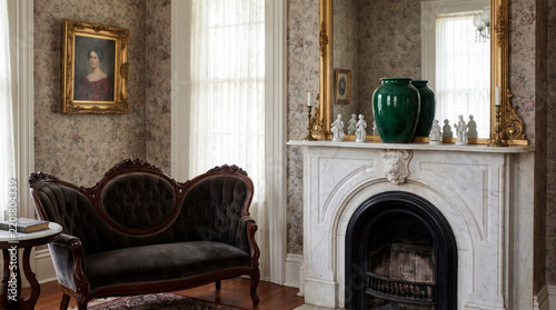 Dignified victorian parlor with carved velvet settee, marble fireplace and gilded portrait