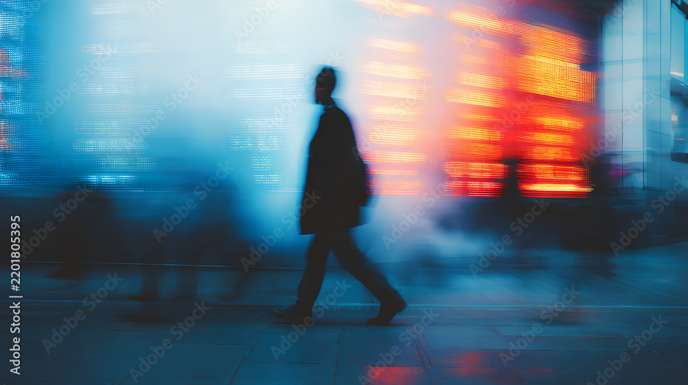 Fototapeta premium Blurred silhouette person walking city street blue orange light motion blur urban scene