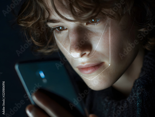 Facial recognition phone unlock with close up face scan and security technology for secure mobile access