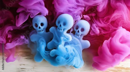 Three blue ghostly skull figures surrounded by swirling pink and purple mist creating spooky Halloween atmosphere