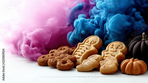 Halloween Themed Cookies and Mini Pumpkins with Colorful Purple and Blue Smoke Background