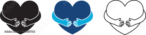 Set of three heart icons with hands hugging themselves representing empathy and self-love, shown in bright flat design on white.