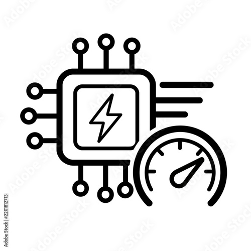 High-performance computing chip with speed gauge icon, symbolizing fast processing, optimization, and technological efficiency for enhanced digital operations