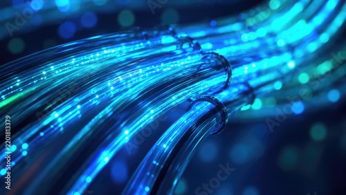 Glowing Blue Fiber Optic Cables Transmitting Digital Data in High Speed Communication Network